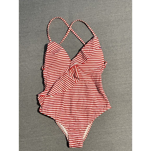 A&G Other - Red White Striped One Piece Swimsuit Ruffle Front Criss Cross Back Summer Swim